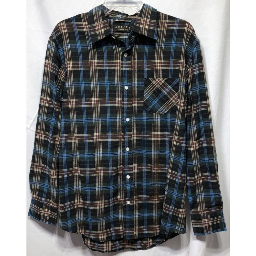 Activa flannel Oxford shirt L blue green plaid button up longsleeve Pocket cabin